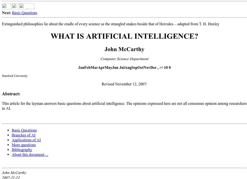 Stanford University: What Is Artificial Intelligence? Website Stanford University: What Is Artificial Intelligence? Website