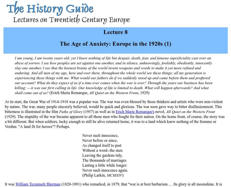 The History Guide: Age of Anxiety: Europe in the 1920's Website The History Guide: Age of Anxiety: Europe in the 1920's Website