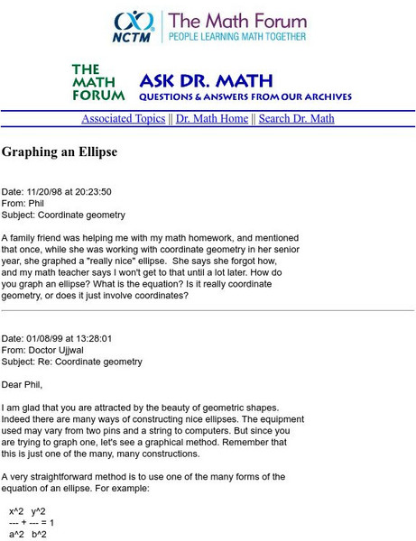 The Math Forum: Ask Dr. Math: Graphing an Ellipse Website The Math Forum: Ask Dr. Math: Graphing an Ellipse Website