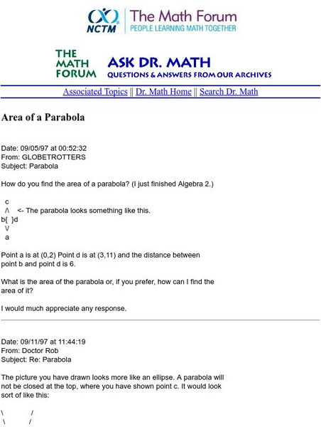 The Math Forum: Ask Dr. Math: Area of a Parabola Website The Math Forum: Ask Dr. Math: Area of a Parabola Website