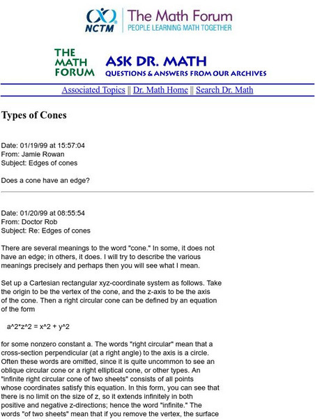 The Math Forum: Types of Cones Unit Plan The Math Forum: Types of Cones Unit Plan
