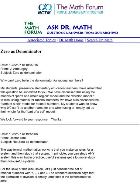 The Math Forum: Ask Dr. Math: Zero as Denominator Activity The Math Forum: Ask Dr. Math: Zero as Denominator Activity
