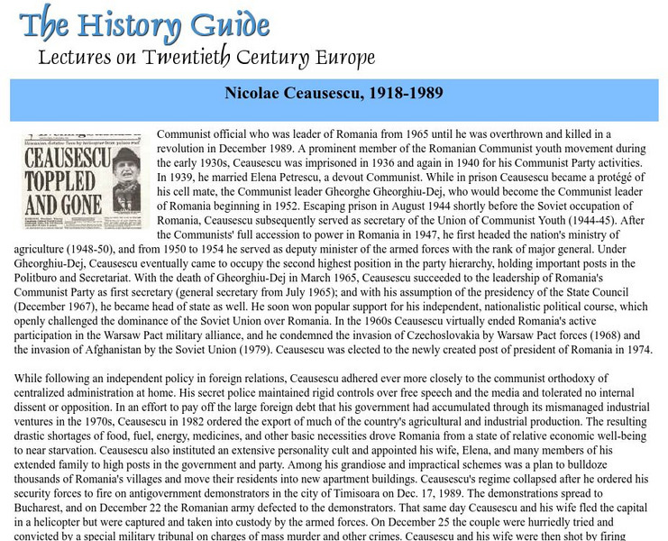 The History Guide: Nicolae Ceausescu, 1918 1989 Handout The History Guide: Nicolae Ceausescu, 1918 1989 Handout