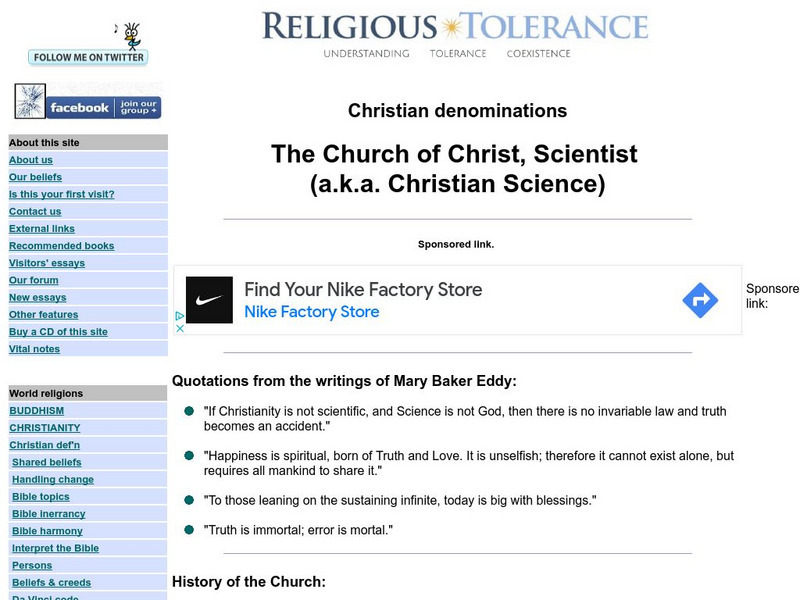 Religious Tolerance: Christian Denominations: The Church of Christ, Scientist (a.k.a. Christian Science) Handout
