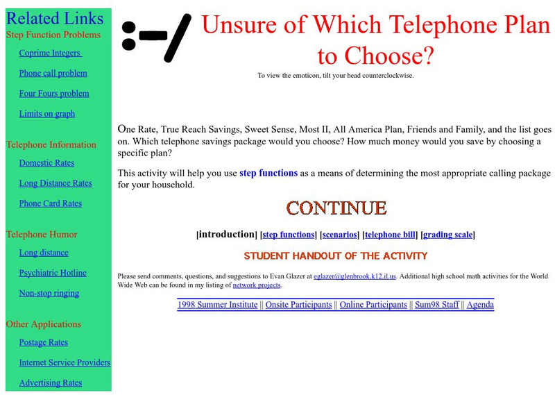 The Math Forum: Unsure of Which Telephone Plan to Choose? Handout The Math Forum: Unsure of Which Telephone Plan to Choose? Handout