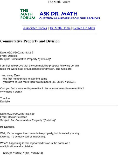 The Math Forum: Ask Dr. Math: Commutative Property & Division Activity The Math Forum: Ask Dr. Math: Commutative Property & Division Activity