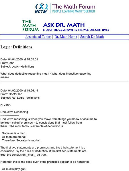 The Math Forum: Ask Dr. Math: Logic Definitions: Inductive & Deductive Activity The Math Forum: Ask Dr. Math: Logic Definitions: Inductive & Deductive Activity