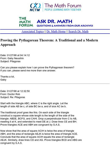 The Math Forum: Ask Dr. Math: Proving the Pythagorean Theorem Website The Math Forum: Ask Dr. Math: Proving the Pythagorean Theorem Website