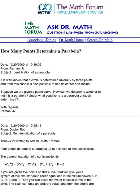 The Math Forum: Ask Dr. Math: How Many Points Determine a Parabola? Activity The Math Forum: Ask Dr. Math: How Many Points Determine a Parabola? Activity
