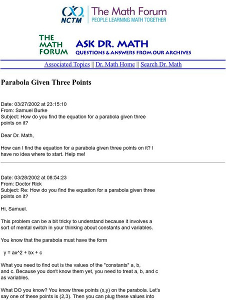 The Math Forum: Ask Dr. Math: Parabola Given Three Points Website The Math Forum: Ask Dr. Math: Parabola Given Three Points Website