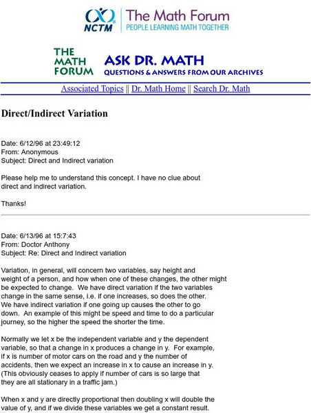 The Math Forum: Ask Dr. Math: Direct and Indirect Variation Activity The Math Forum: Ask Dr. Math: Direct and Indirect Variation Activity
