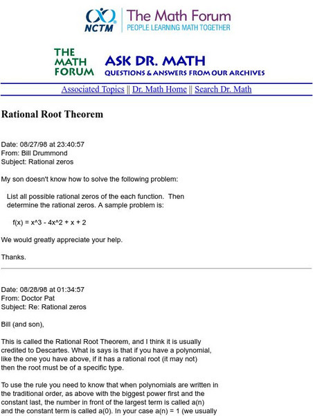 The Math Forum: Ask Dr. Math: Rational Root Theorem Activity The Math Forum: Ask Dr. Math: Rational Root Theorem Activity