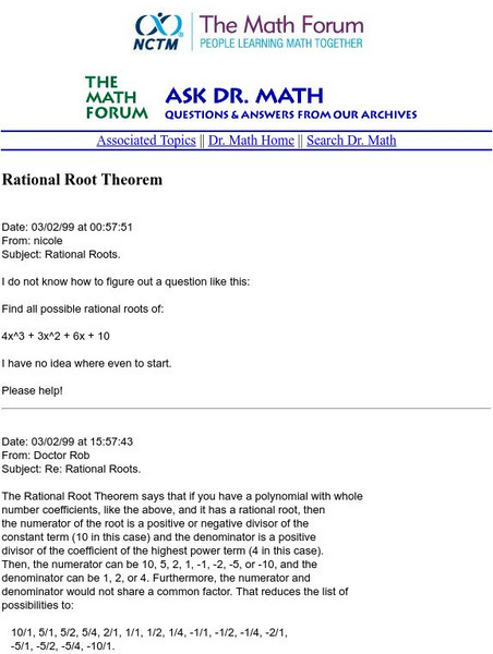 The Math Forum: Drexel University: Example With Rational Root Theorem Activity The Math Forum: Drexel University: Example With Rational Root Theorem Activity