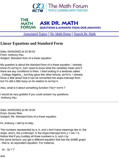 The Math Forum: Ask Dr. Math: Standard Form of a Line Unit Plan The Math Forum: Ask Dr. Math: Standard Form of a Line Unit Plan