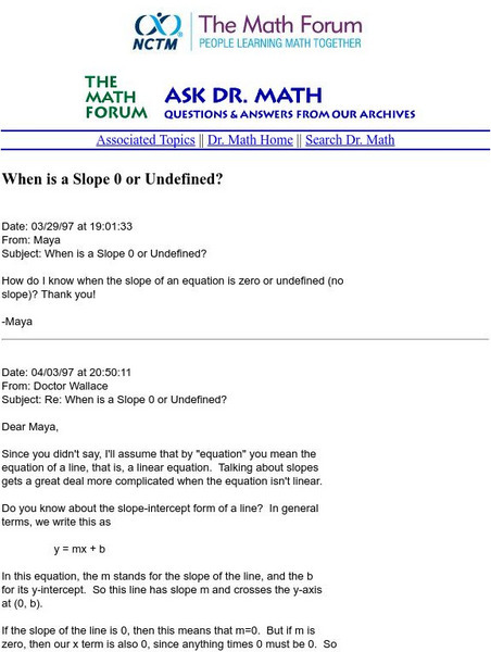 The Math Forum: Ask Dr. Math: When Is a Slope 0 or Undefined? Unit Plan The Math Forum: Ask Dr. Math: When Is a Slope 0 or Undefined? Unit Plan