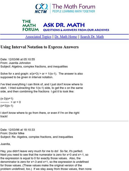 The Math Forum: Ask Dr. Math: Using Interval Notation to Express Answers Activity
