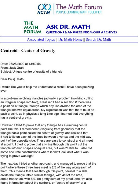 The Math Forum: Ask Dr. Math: Centroid: Center of Gravity Website The Math Forum: Ask Dr. Math: Centroid: Center of Gravity Website
