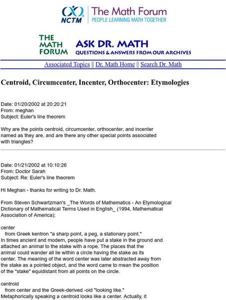 The Math Forum: Ask Dr. Math: Triangle Centers: Etymologies Website The Math Forum: Ask Dr. Math: Triangle Centers: Etymologies Website