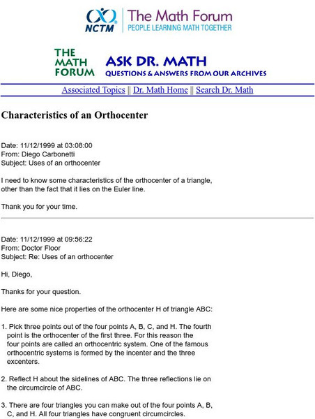 The Math Forum: Ask Dr. Math: Characteristics of an Orthocenter Website The Math Forum: Ask Dr. Math: Characteristics of an Orthocenter Website