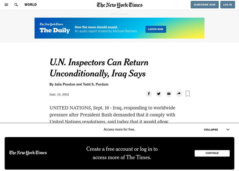 New York Times: Un Inspectors Can Return Unconditionally, Iraq Says Article New York Times: Un Inspectors Can Return Unconditionally, Iraq Says Article