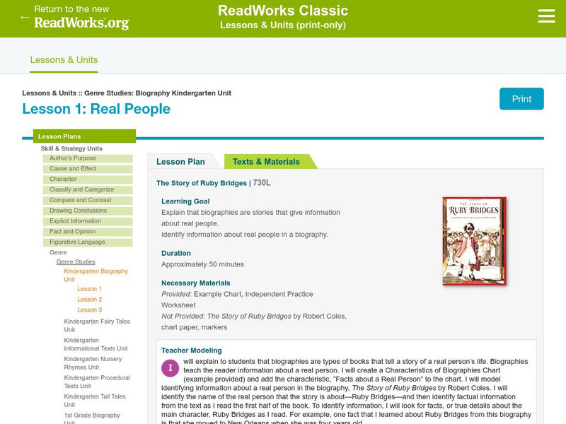 Read Works: Genre Studies: Biography Kindergarten Unit: Real People Lesson Plan Read Works: Genre Studies: Biography Kindergarten Unit: Real People Lesson Plan