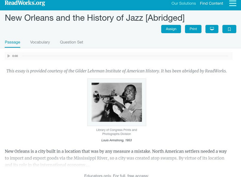 Read Works: Passages:"new Orleans and the History of Jazz "By Loren Schoenberg Article Read Works: Passages:"new Orleans and the History of Jazz "By Loren Schoenberg Article