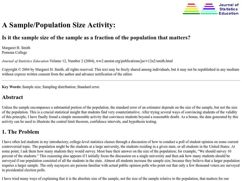 Journal of Statistics Education: A Sample / Population Size Activity Article Journal of Statistics Education: A Sample / Population Size Activity Article