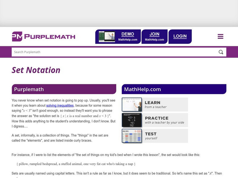 Purplemath: Set Notation Handout Purplemath: Set Notation Handout