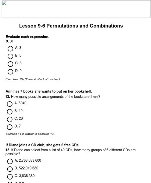 Holt, Rinehart and Winston: Homework Help Independent Practice: Permutations and Combinations Activity Holt, Rinehart and Winston: Homework Help Independent Practice: Permutations and Combinations Activity