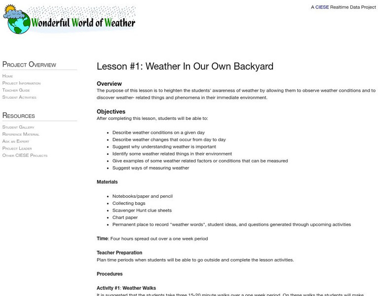 Ciese Real Time Data Projects: Weather in Our Own Backyard Lesson Plan Ciese Real Time Data Projects: Weather in Our Own Backyard Lesson Plan