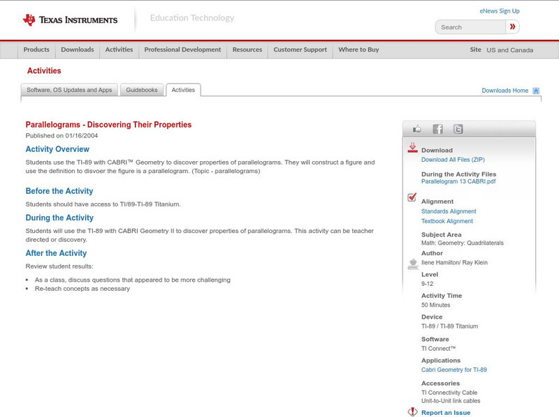 Texas Instruments: Parallelograms: Discovering Their Properties Lesson Plan Texas Instruments: Parallelograms: Discovering Their Properties Lesson Plan