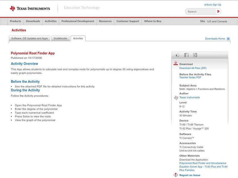 Texas Instruments: Polynomial Root Finder App Activity Texas Instruments: Polynomial Root Finder App Activity