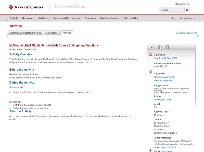 Texas Instruments: Mc Dougal Littell Middle School Math 2: Graphing Functions Activity