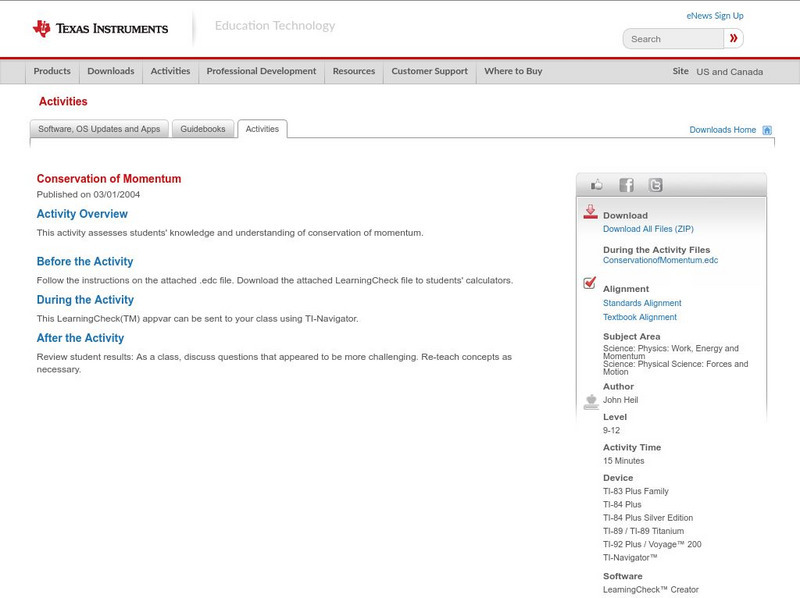 Texas Instruments: Conservation of Momentum Activity Texas Instruments: Conservation of Momentum Activity
