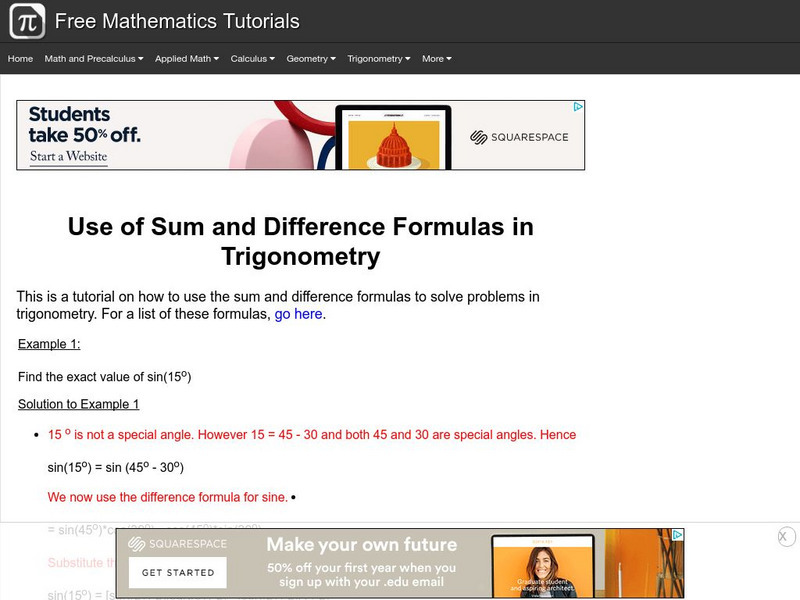 Analyze Math: Trigonometry: Sum and Difference Formulas Examples Activity