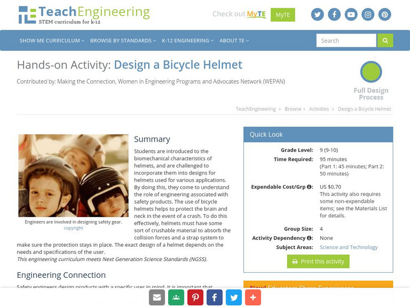 Teach Engineering: Design a Bicycle Helmet Activity Teach Engineering: Design a Bicycle Helmet Activity