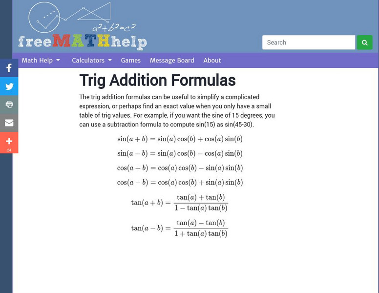 Free Math Help: Trigonometry Addition Formulas Activity