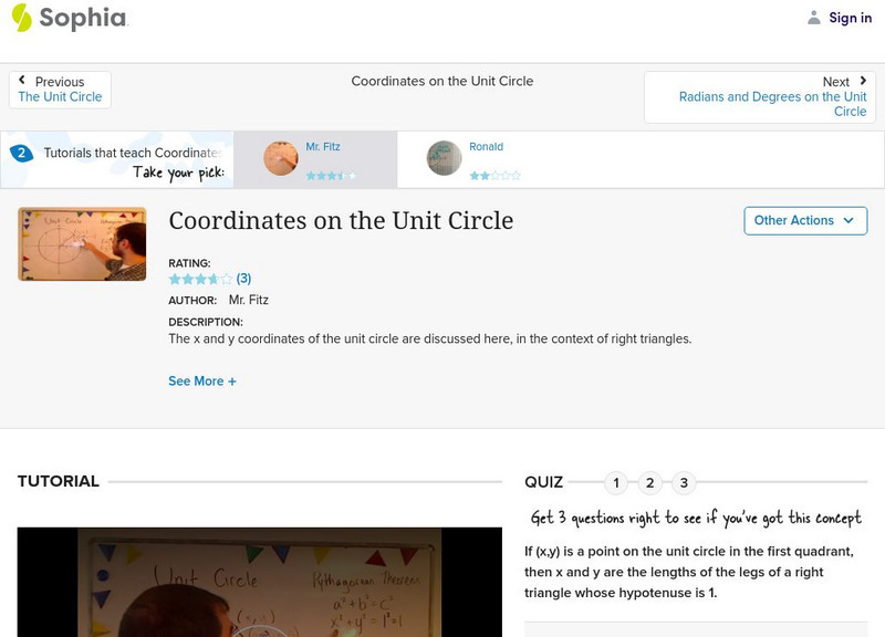 Sophia: Coordinates on the Unit Circle: Lesson 1 Instructional Video Sophia: Coordinates on the Unit Circle: Lesson 1 Instructional Video
