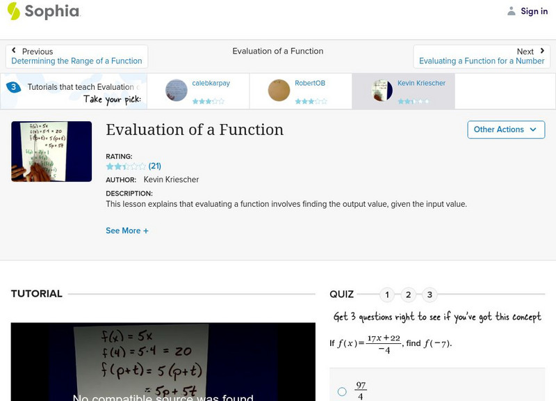 Sophia: Evaluation of a Function: Lesson 1 Instructional Video