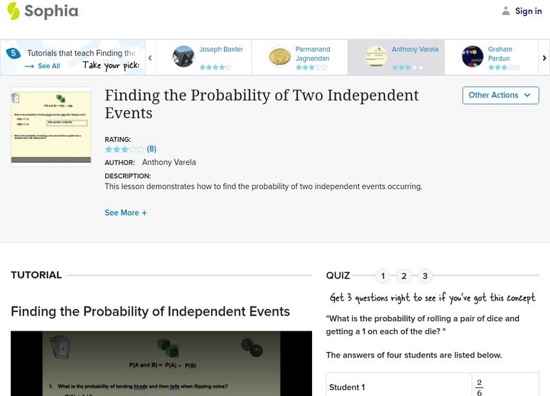 Sophia: Finding the Probability of Two Independent Events: Lesson 5 Instructional Video Sophia: Finding the Probability of Two Independent Events: Lesson 5 Instructional Video