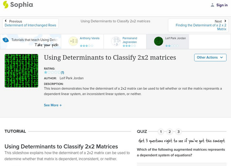 Sophia: Using Determinants to Classify 2x2 Matrices: Lesson 2 PPT