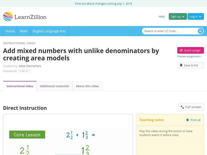 Learn Zillion: Add Mixed Numbers With Unlike Denominators by Creating Area Models Instructional Video Learn Zillion: Add Mixed Numbers With Unlike Denominators by Creating Area Models Instructional Video