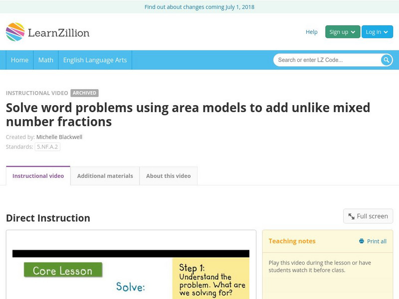 Learnzillion: Use Area Models to Add Unlike Mixed Number Fractions Instructional Video