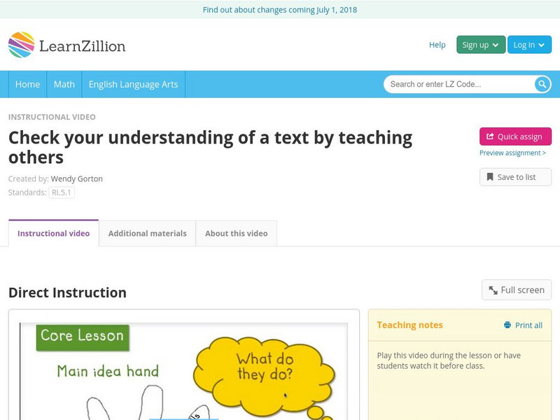 Learn Zillion: Check Your Understanding of a Text by Teaching Others Instructional Video Learn Zillion: Check Your Understanding of a Text by Teaching Others Instructional Video