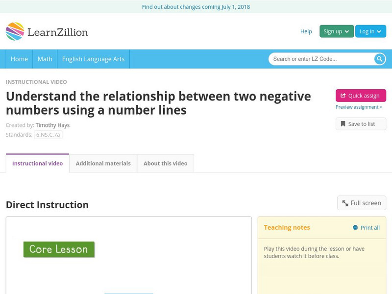 Learn Zillion: Understand the Relationship Between Two Negative Numbers Instructional Video Learn Zillion: Understand the Relationship Between Two Negative Numbers Instructional Video