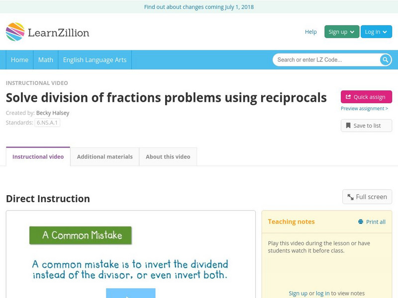 Learn Zillion: Solve Division of Fractions Problems Using Reciprocals Instructional Video