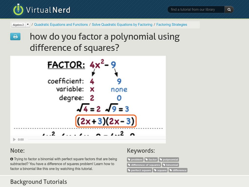Virtual Nerd: How Do You Factor a Polynomial Using Difference of ...
