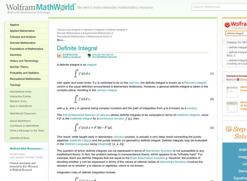 Wolfram Mathworld: Definite Integral Handout Wolfram Mathworld: Definite Integral Handout