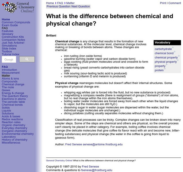 General Chemistry Online: Physical and Chemical Changes Handout General Chemistry Online: Physical and Chemical Changes Handout