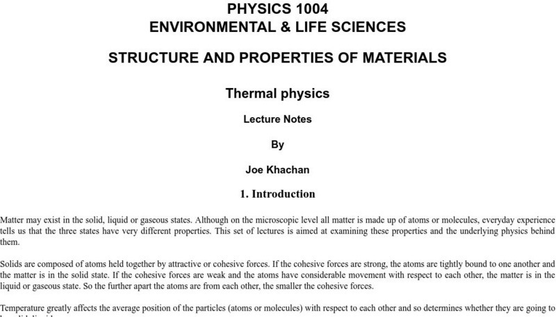 University of Sydney: Structure and Properties of Materials/thermal Physics Handout University of Sydney: Structure and Properties of Materials/thermal Physics Handout